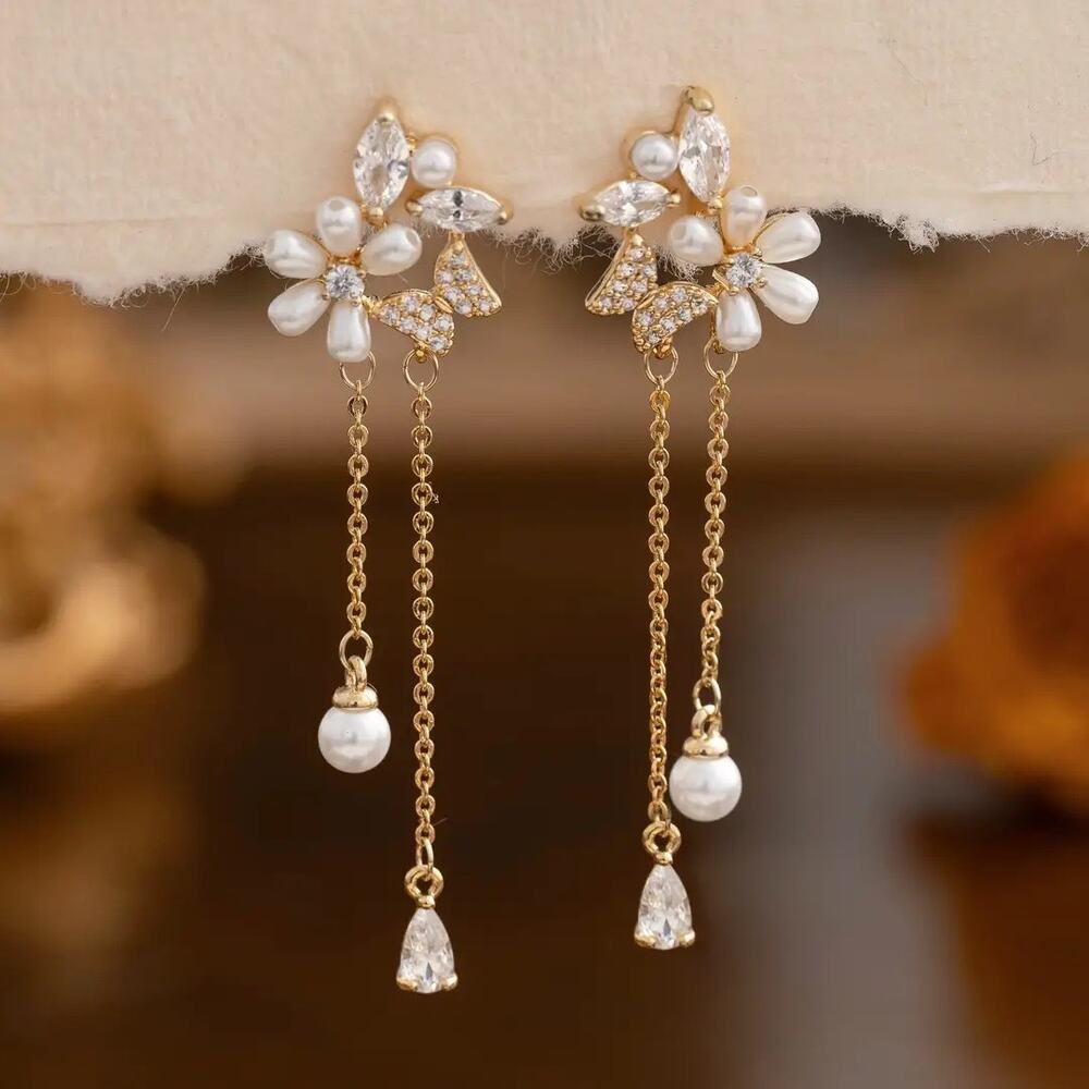 Freshwater Pearl Bridal Drop Earrings – Floral Gold Dangle Wedding Earrings